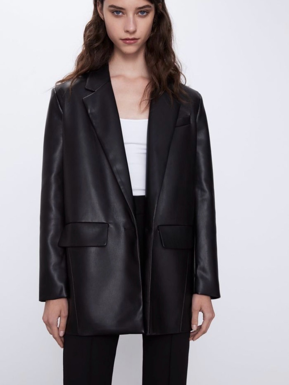 Zara Oversized Faux Black Leather Single Button Blazer